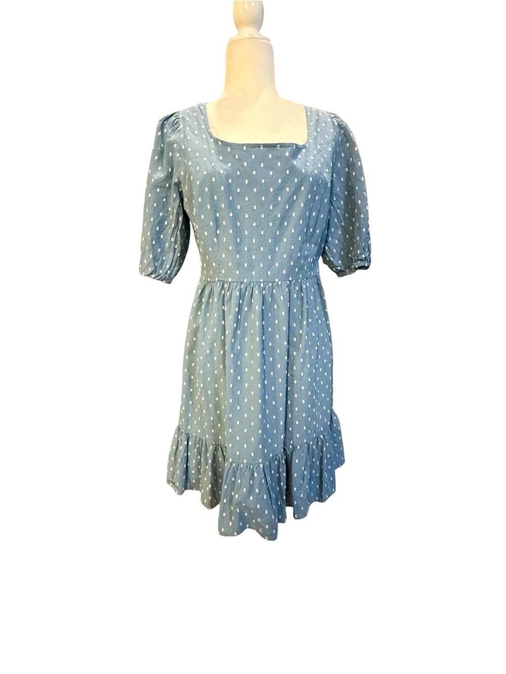 LOFT Cottagecore Blue Chambray Square-Neck Puff Sleeve Mini Dress Size 10 - Picture 5 of 9